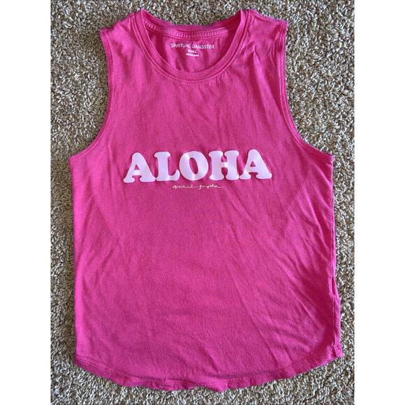 Spiritual Gangster Pink ALOHA Graphic Hawaii Tank Top Shirt Womens Small Flawed - Picture 1 of 8